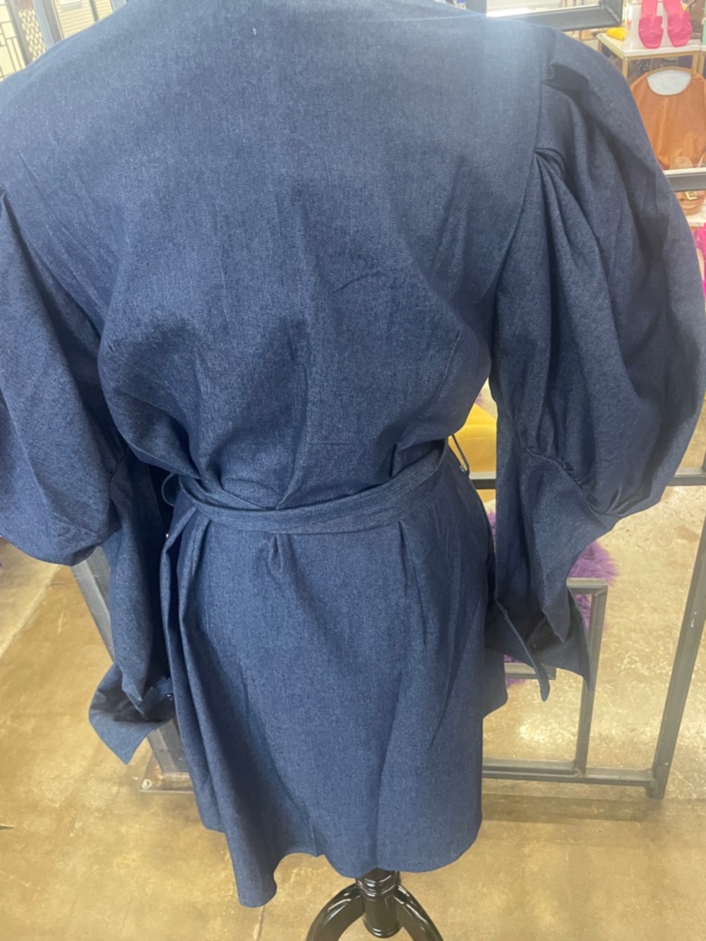 Dark Blue Puff Sleeve Tie-Waist dress with Embellished Buttons - Picture 4 of 4